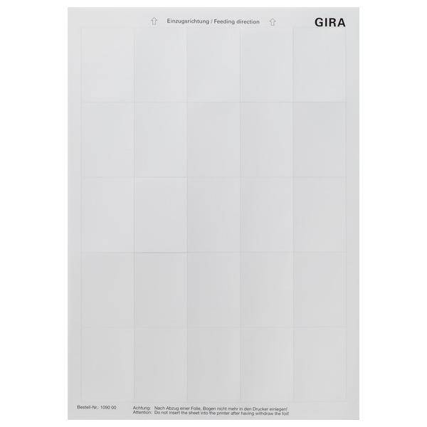 GIRA-Etikettenblatt. Zeigt die Transportrichtung mit Pfeilen an. Enthält ein Rasterlayout mit mehreren Schlitzen zum Anbringen von Etiketten.