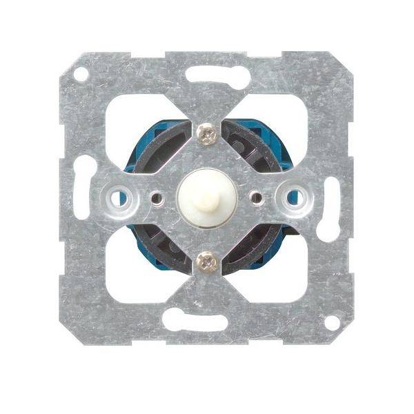 Ein Metallmontagrahmen für ein elektrisches Gerät mit einer zentralen kreisförmigen blauen Komponente und einem weißen Drehknopf, verwendet für Lichtschalter.
