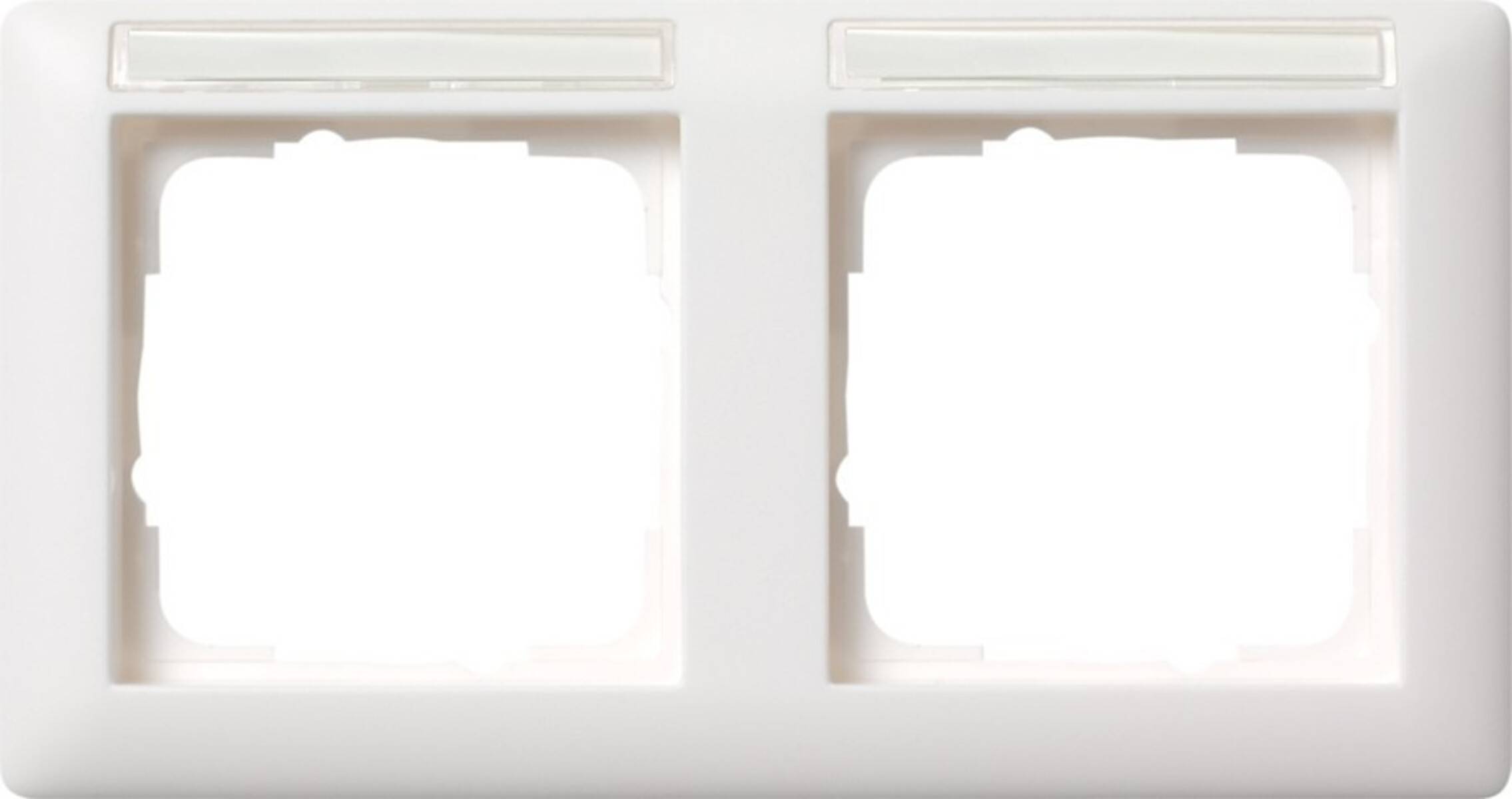 Eine weiße Unterputz-Doppelschalterblende mit zwei rechteckigen Öffnungen für Schalter. Keine Schalter sind eingebaut.