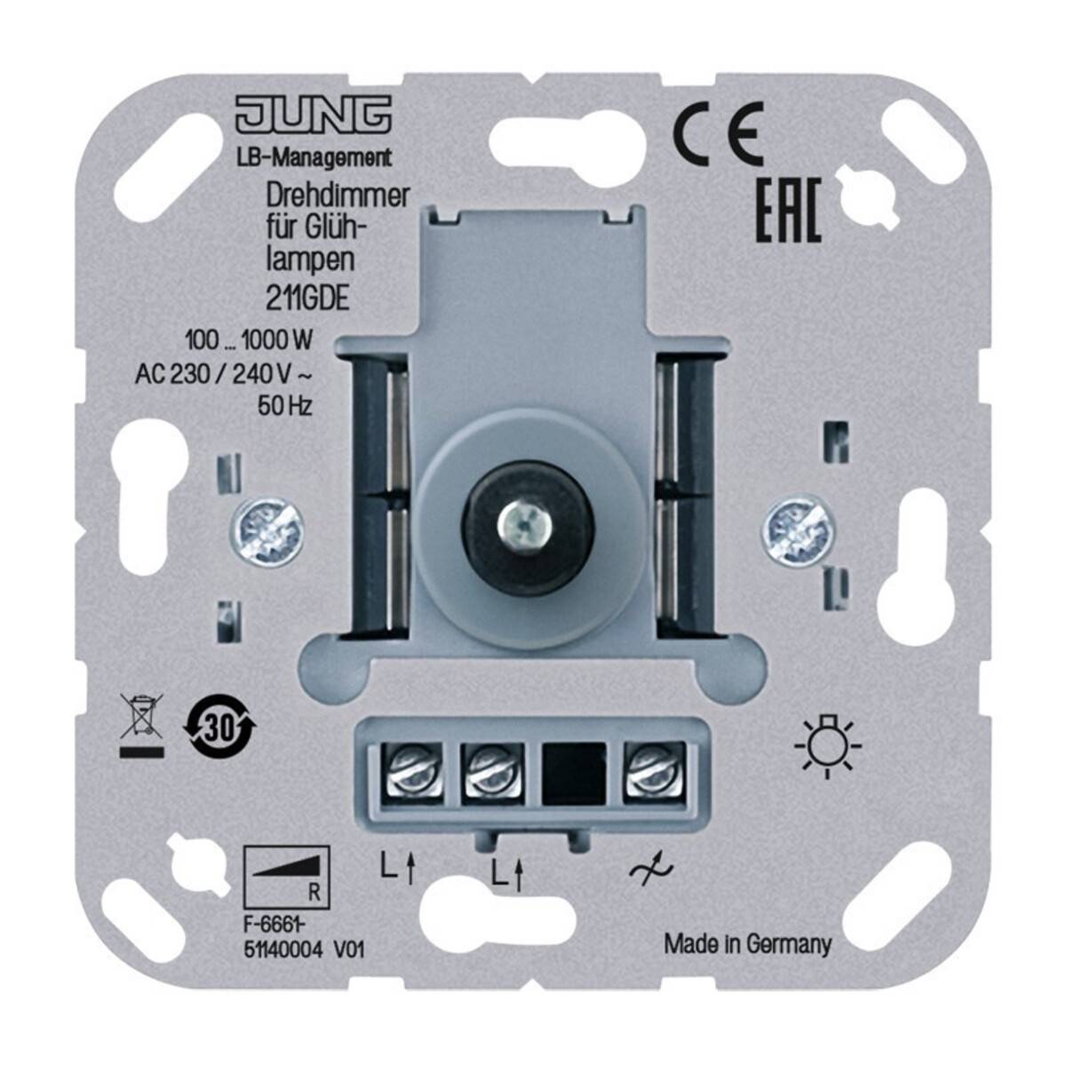 JUNG LB-Management Dimmer-Schaltmodul, Vorderansicht mit Anschlussklemmen, Typenschildern und Zertifizierungszeichen auf einer Metallbefestigungsplatte.