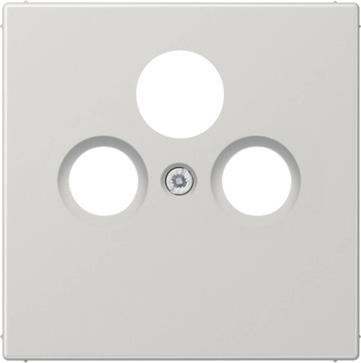 Eine weiße elektrische Wandplatte mit drei kreisförmigen Öffnungen und einer zentralen Schraube, die für Koaxialkabelanschlüsse konzipiert ist.