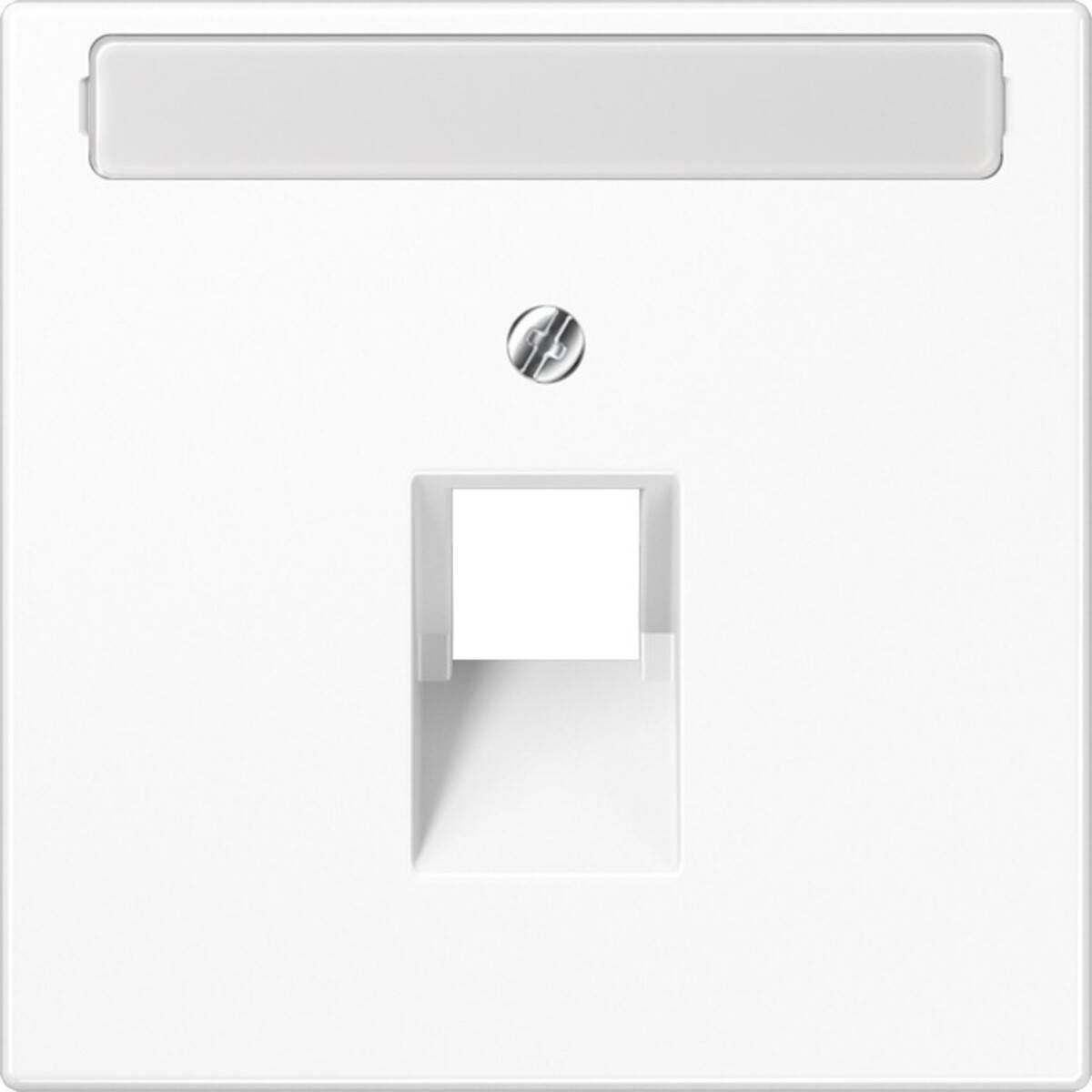 Eine weiße, rechteckige Wandabdeckung mit einem einzelnen rechteckigen Loch für eine Netzwerk- oder Telefonbuchse, mit einer zentralen Schraube zur Befestigung.