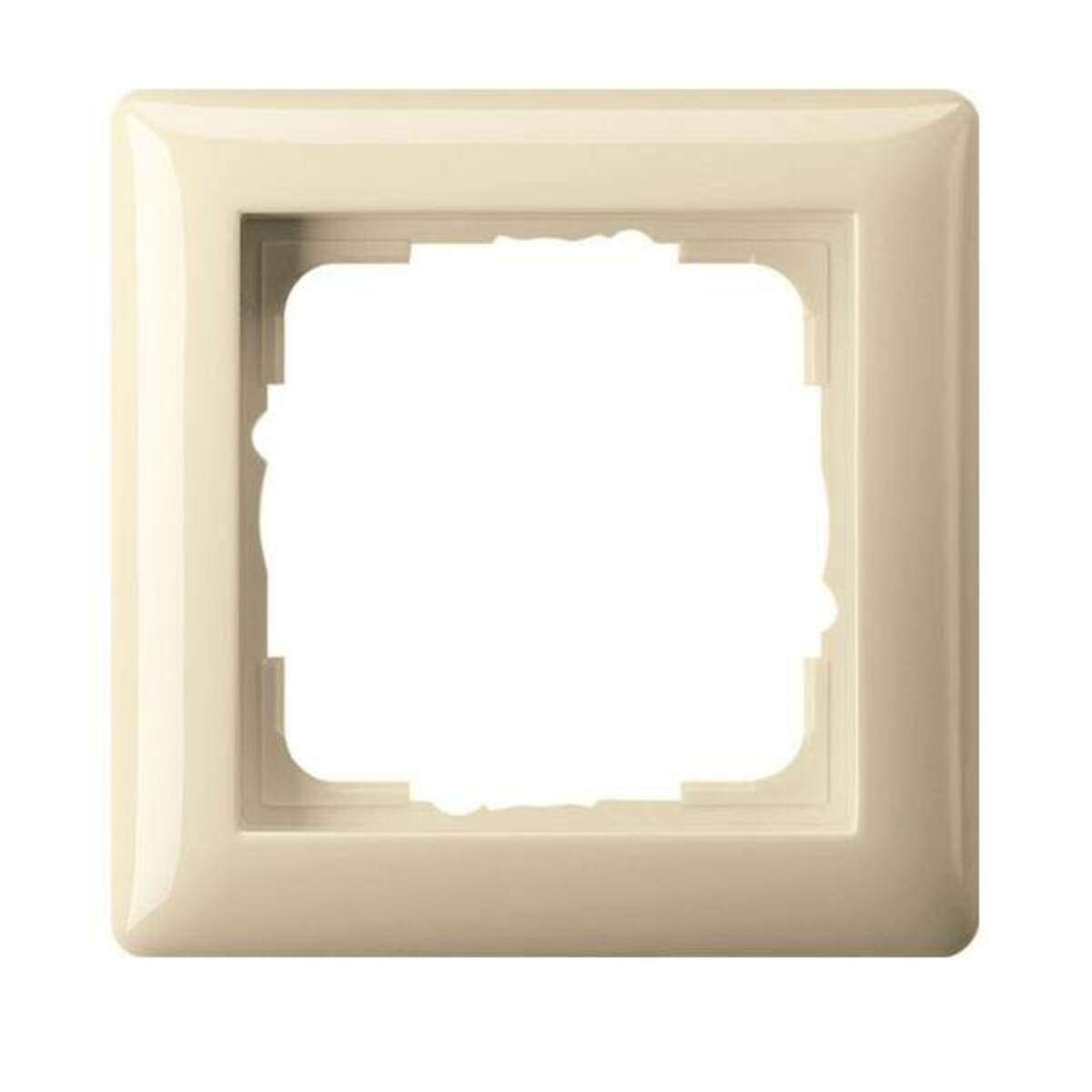 Beige Quadrat-Wandplattrahmen mit großer zentraler Ausschnitts für ein Schalter- oder Steckdosenmodul.