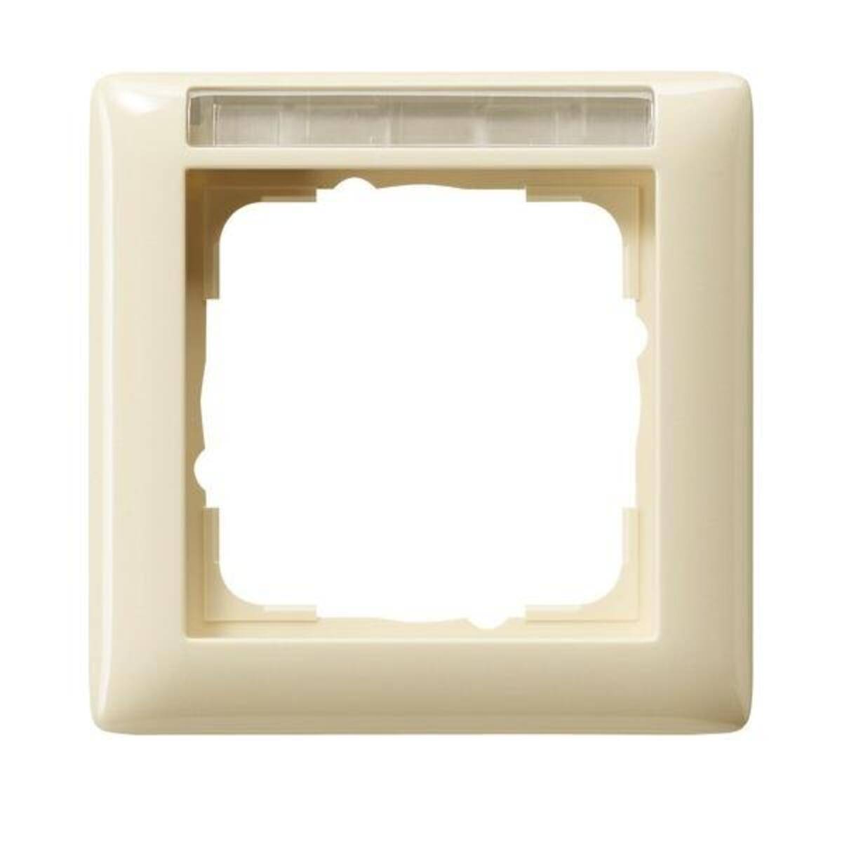 Beige quadratische Kunststoff-Wandplatte mit einer zentrierten Öffnung für einen Schalter oder eine Steckdose auf weißem Hintergrund.