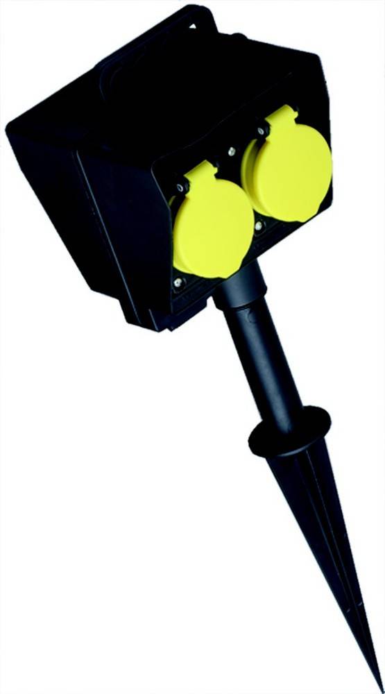 Eine schwarze und gelbe Gartensteckdose mit einem Erdspieß für den Außeneinsatz, ausgestattet mit drei runden Steckplätzen, die für einfache und sichere elektrische Verbindungen konzipiert ist.