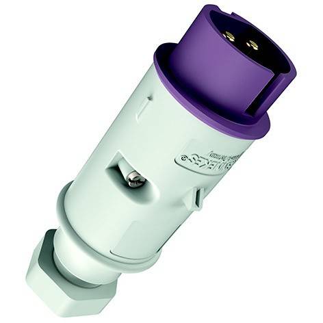 Violetter Industriestromstecker-Adapter mit zylindrischem weißem Gehäuse und sechseckiger Basis, dargestellt auf einfachem Hintergrund.