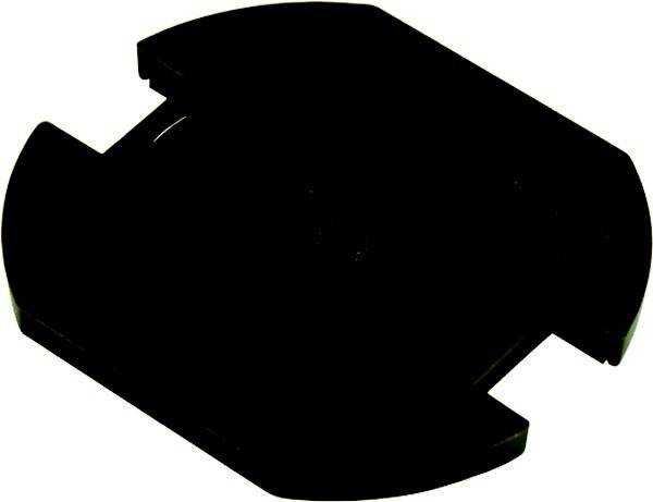 Ein flaches, schwarzes Objekt mit einer Reihe von Rillen und segmentierten Kanten, ähnlich einer Plastikabdeckung oder -komponente, vor einem weißen Hintergrund.