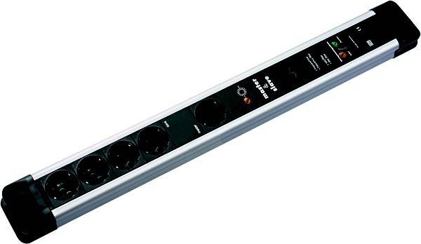 Eine elegante, lange Steckdosenleiste mit mehreren Steckdosen und einer Überspannungsschutz-Anzeige. Die Worte ‚Master Slave' sind in der Nähe der Steckdosen sichtbar.