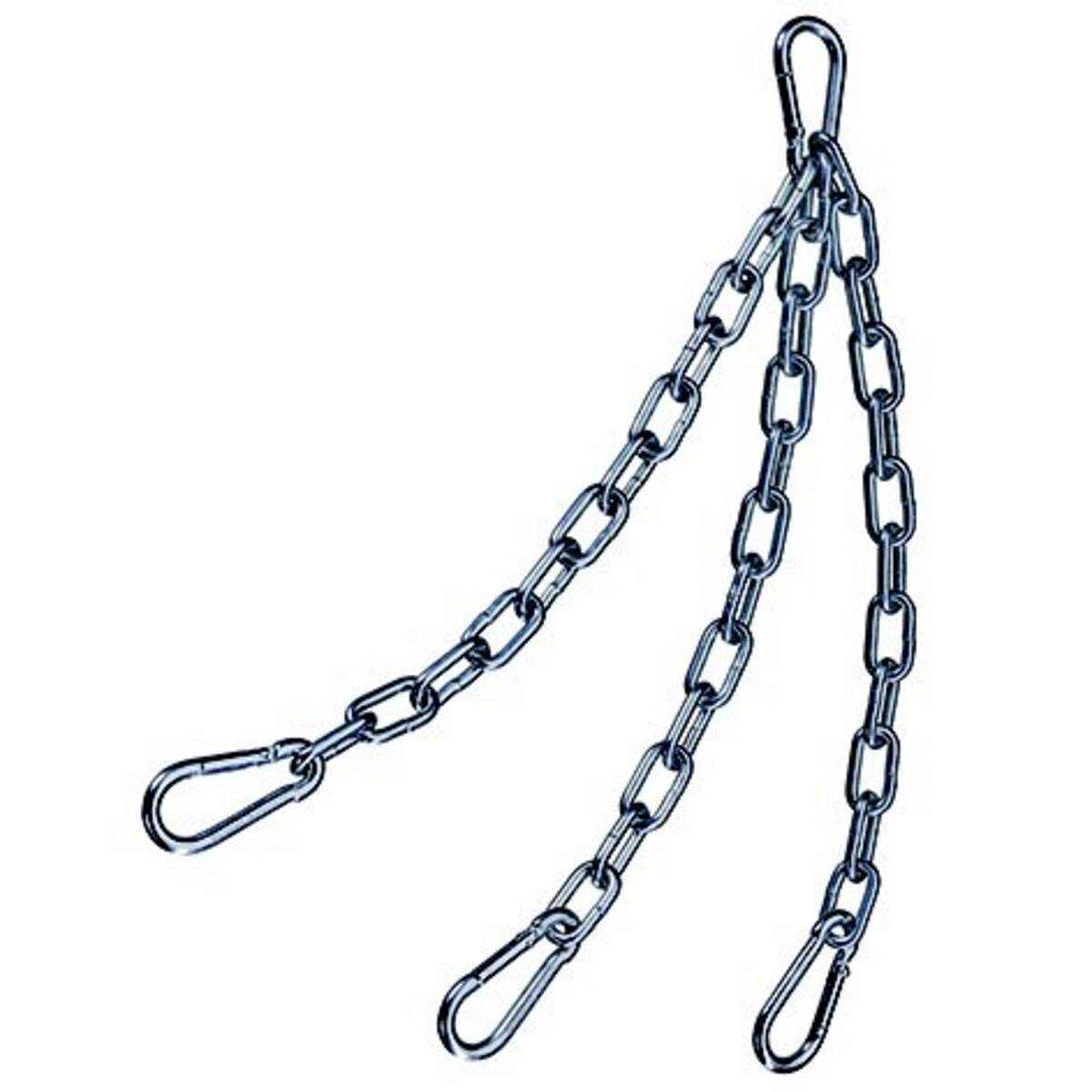Drei Metallkettenschlingen mit Haken, die von einem oberen Ring auf weißem Hintergrund hängen.