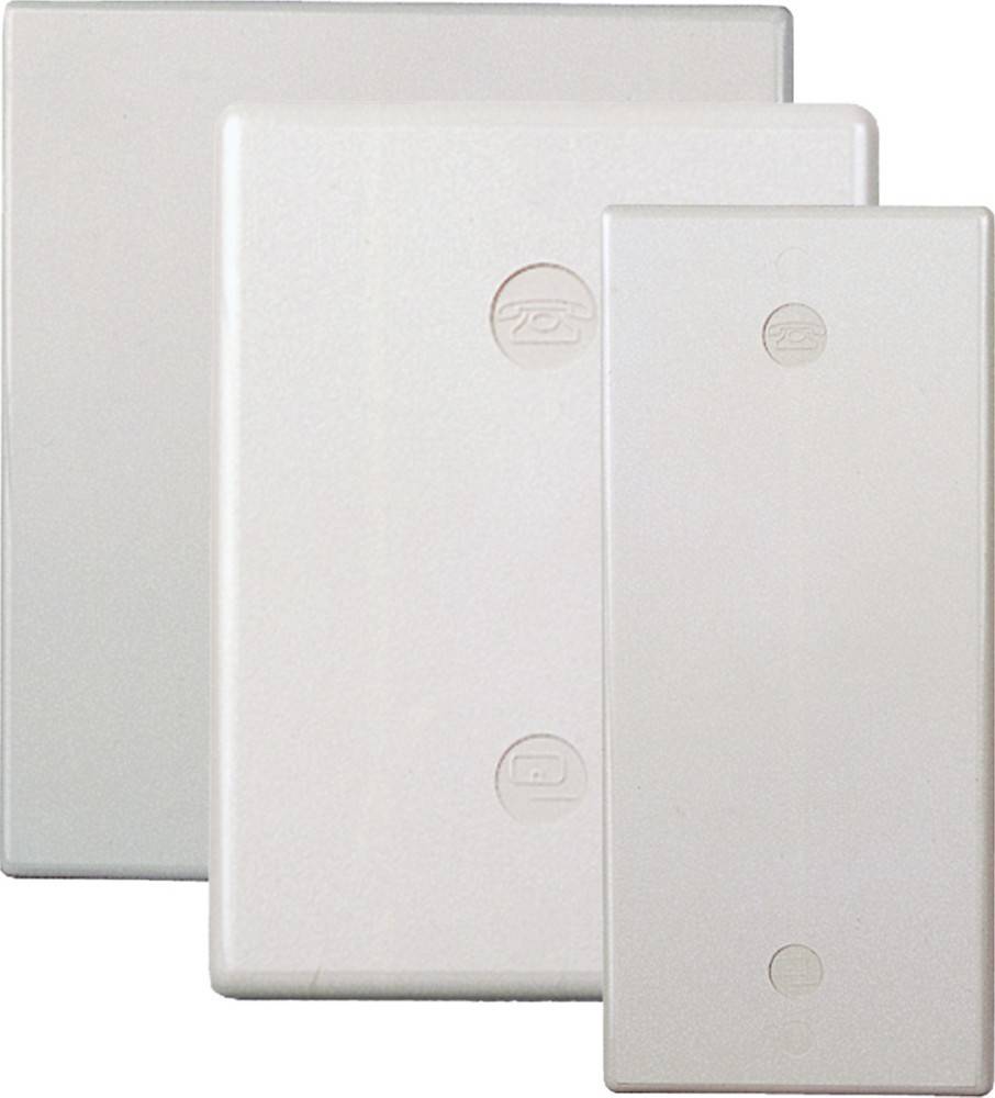 Zwei weiße Wandplatten mit geprägten Symbolen: eine mit einem Telefonsymbol, die andere mit einem Daten-/Anschlusssymbol, die Konnektivitätsoptionen anzeigen.