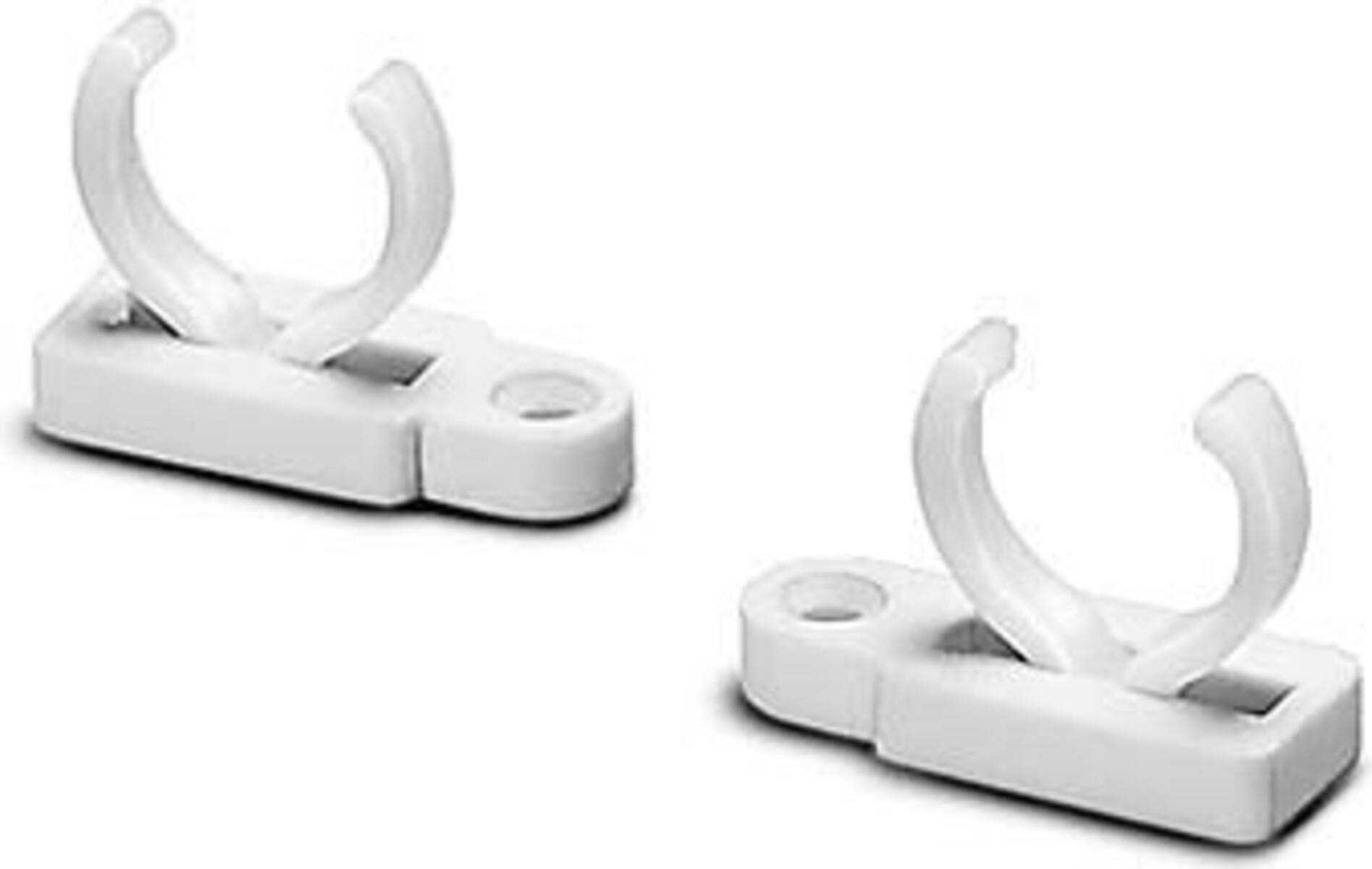 Zwei weiße Kunststoff-Haken mit Befestigungslöchern, konzipiert zum Anbringen und Sichern von Gegenständen.