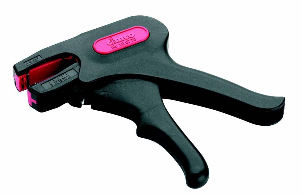 Schwarz-rosa ergonomisches Handwerkzeug mit Abzugsstil, strukturiertem Griff und federbelasteten Backen, auf weißem Hintergrund dargestellt.