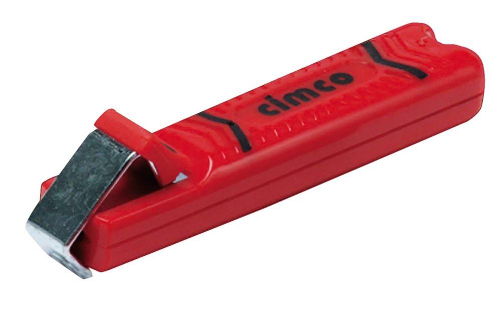 Rotes tragbares Kabelabisolwerkzeug mit schwarzer Metallklinge und „climco