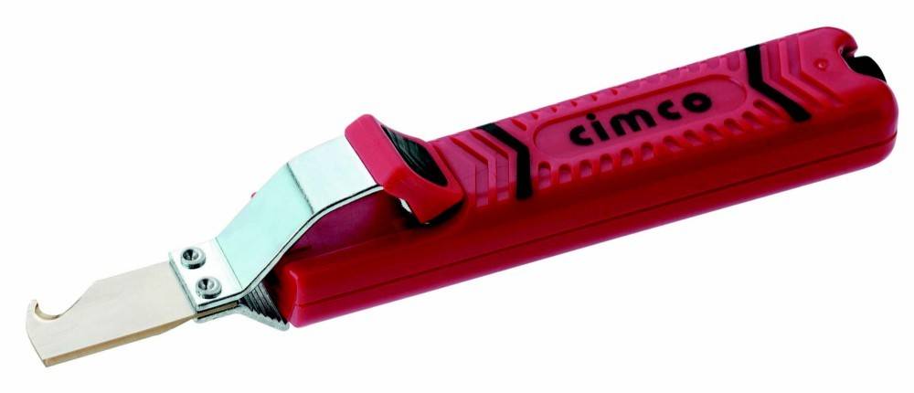 Rotes Cimco-Kabelabisolwerkzeug mit gebogener silberfarbener Klinge, abgebildet auf weißem Hintergrund.