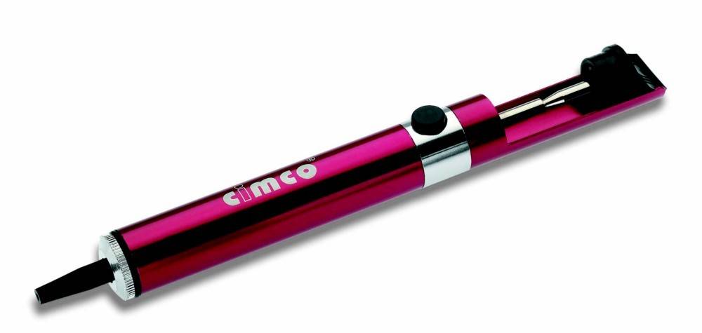 Rosa und schwarzer tragbarer elektrischer Lötkolben auf weißem Hintergrund mit schwarzem Netzschalter und „gimco
