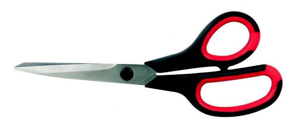 Schwarzgriffige Schere mit roter Innenauskleidung, teilweise geöffnet, nach rechts geneigt, auf einem einfarbigen weißen Hintergrund.
