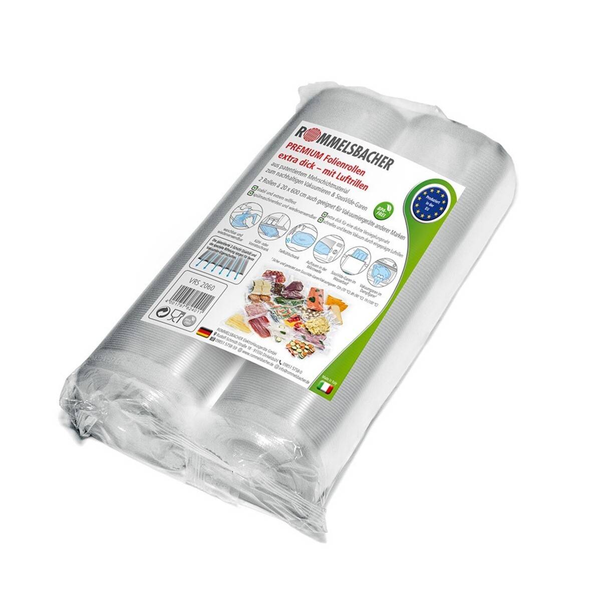 Verpackte Rolle von POMMELSCHÄGER Premium-Folienbeuteln, klare Einwegbeutel in einem versiegelten Bündel mit Produktetikett dargestellt.