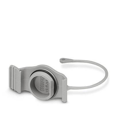 Grauer Schutzdeckel mit Staubschutz und angebrachter Schlaufe, dargestellt auf weißem Hintergrund.