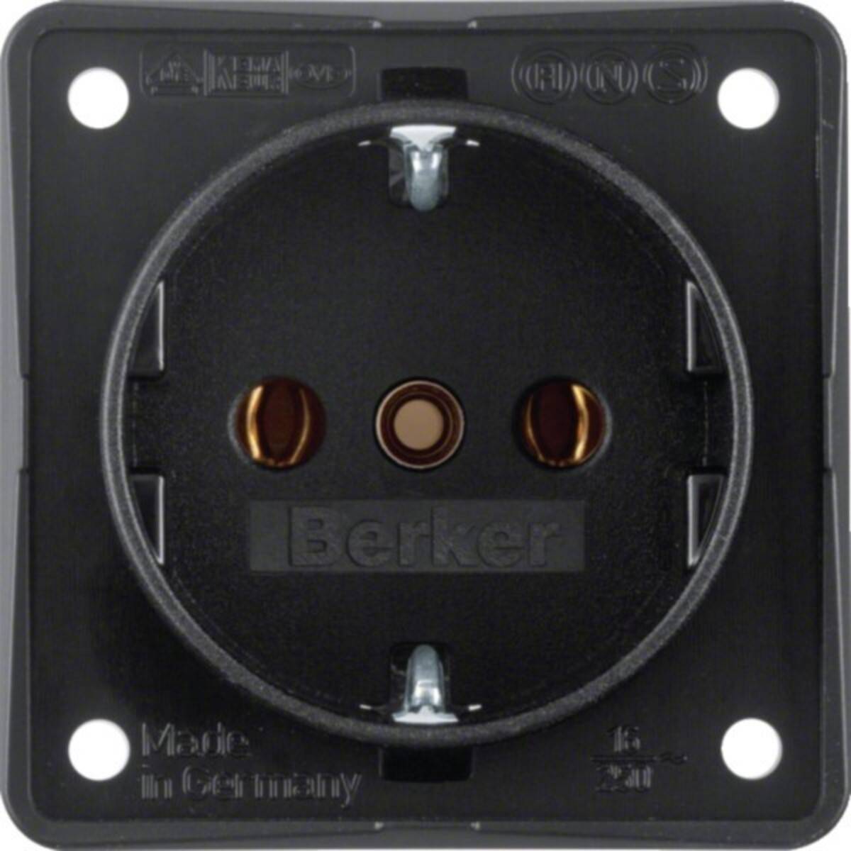 Schwarze elektrische Wandsteckdosenschablone mit zwei runden Steckerauslässen und zentralem Erdungskontakt, von vorne gegen einen neutralen Hintergrund gezeigt.
