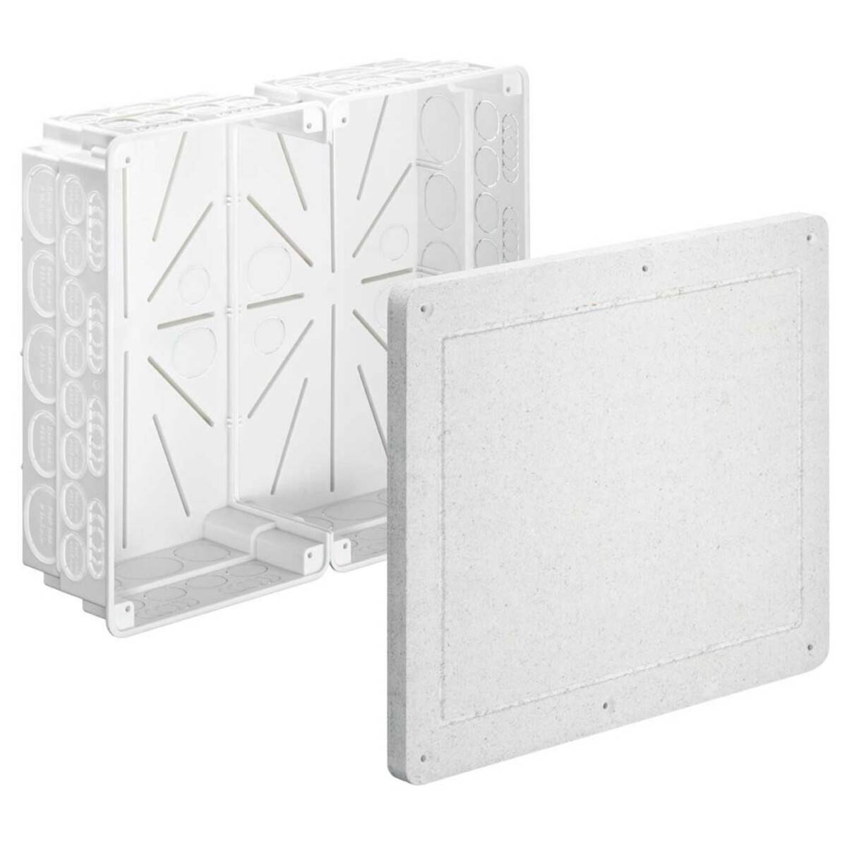 Elektrische Verteilerdose mit abgenommenem Deckel, die die interne Trennwand und Kabeleintrittstellen zeigt.