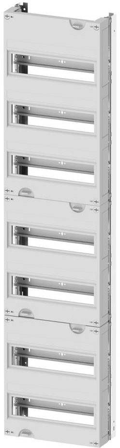 Ein hoher, weißer elektronischer Schrank mit mehreren leeren Steckplätzen für Geräteinstallation, der subtile Designdetails an den Kanten aufweist.