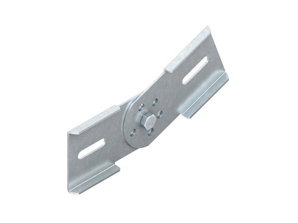 Eine Metallhalterung mit einem zentralen Bolzen und zwei geschlitzten Flügeln, die für Montage- oder Stützungszwecke verwendet wird.