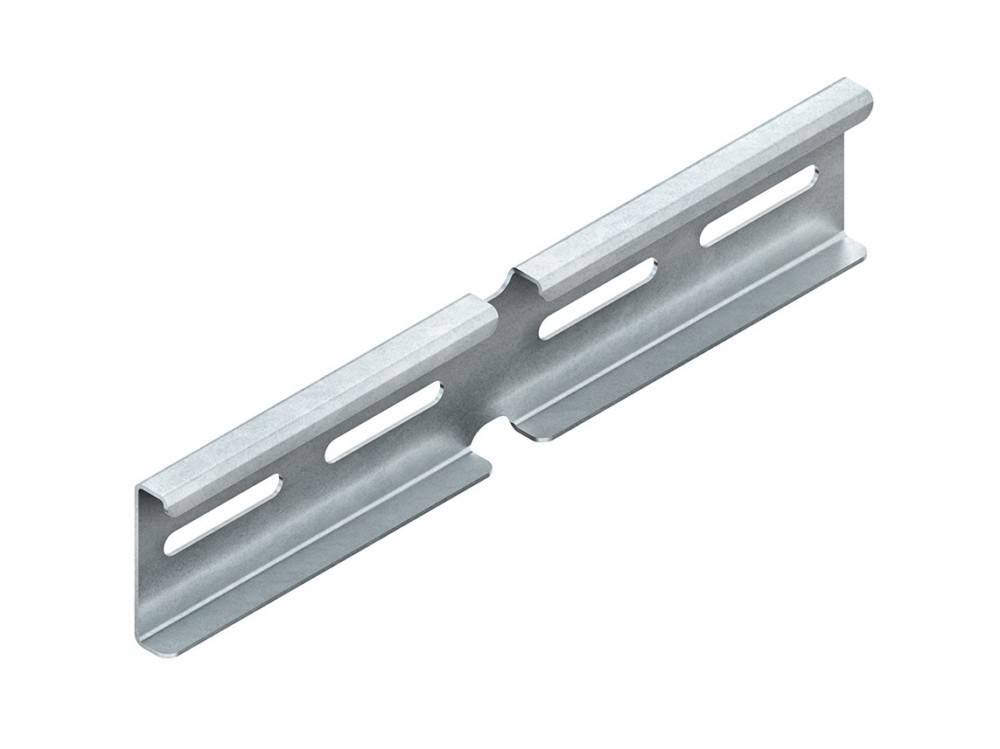 Eine Metallhalterung mit einer flachen Grundfläche und zwei vertikalen Seiten, die mehrere längliche Schlitze für eine sichere Befestigung oder Anbringung aufweist.