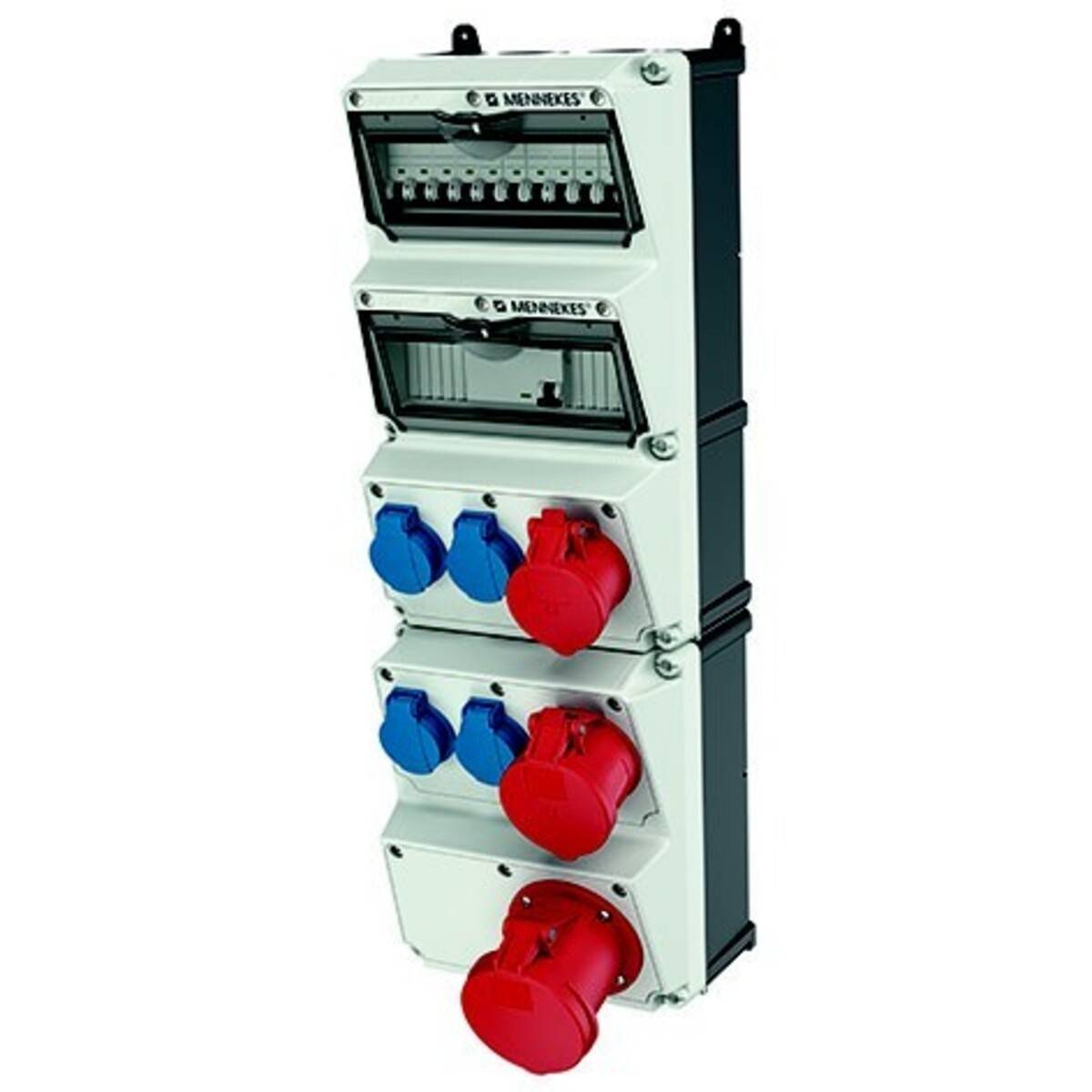 Wandmontierte industrielle Elektroverteilungsbox mit zwei transparenten Schaltertafeln und mehreren roten und blauen Stromsteckdosen.