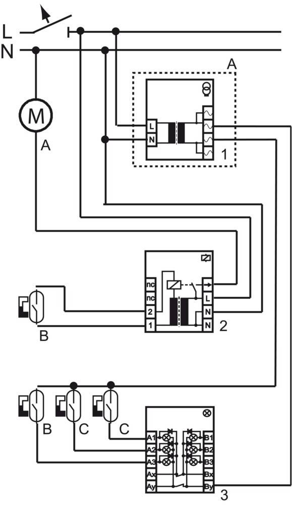 Stromschaltplan mit einem Motor und drei gekennzeichneten Steuermodulen A, 2 und 3, die mit L/N-Stromleitungen und Schaltern B und C verbunden sind.