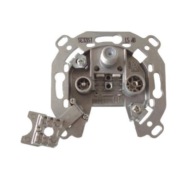 Eine Metall-Koaxialbuchse mit zwei Anschlüssen und Schrauben, gekennzeichnet mit '5,8 dB' und 'SC33ST'.
