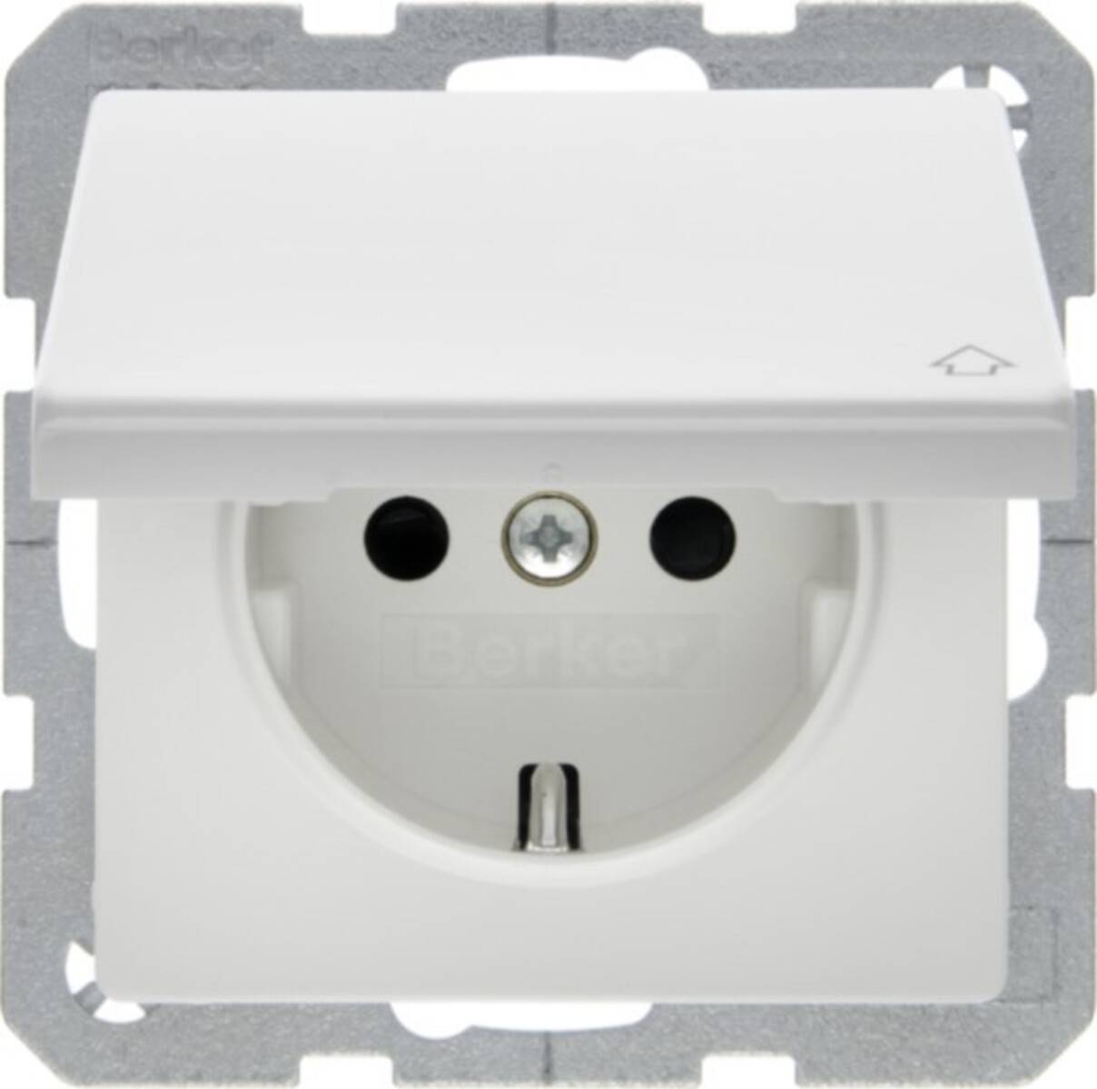 Weiße europäische elektrische Wandsteckdose mit Schutzvorrichtung und Schutzleiter-Kontakt.