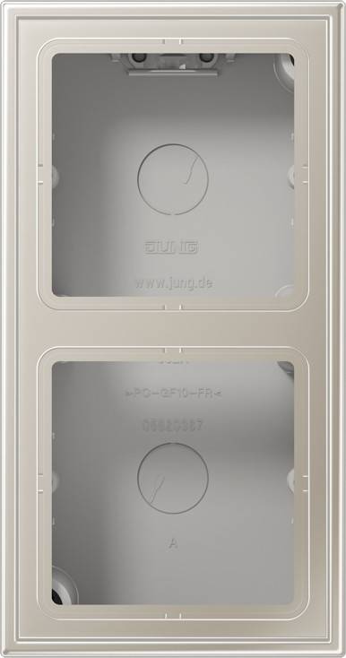 Ein hellbeiger Elektrokasten-Deckel mit zwei rechteckigen Öffnungen und geprägter Markierung, konzipiert für Elektrische Schalter oder Steckdosen.