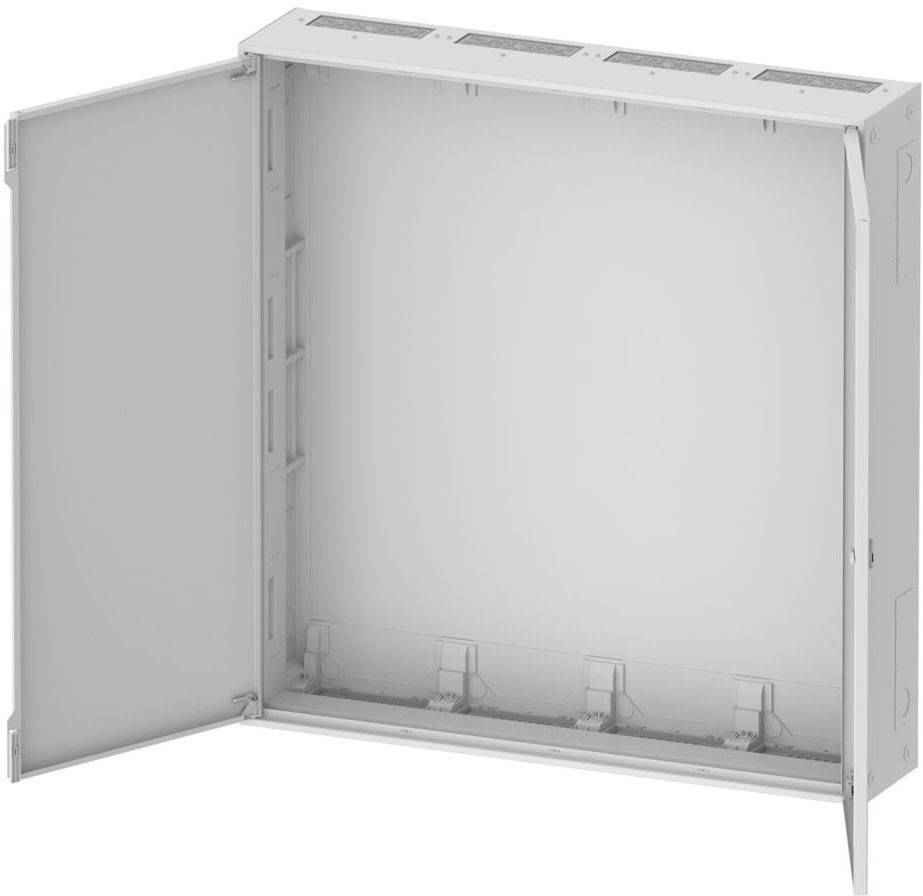 Ein offener rechteckiger Metallschrank ohne Einlegeböden, mit weit geöffneten Türen. Entwickelt zur Unterbringung von elektrischen oder Kommunikationsausrüstungen.