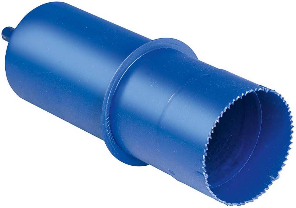 Eine blaue Plastikrohrverschraubung mit einer geraden zylindrischen Form und einem ausgestellten Rand, geeignet für Sanitär- oder Bauanwendungen.