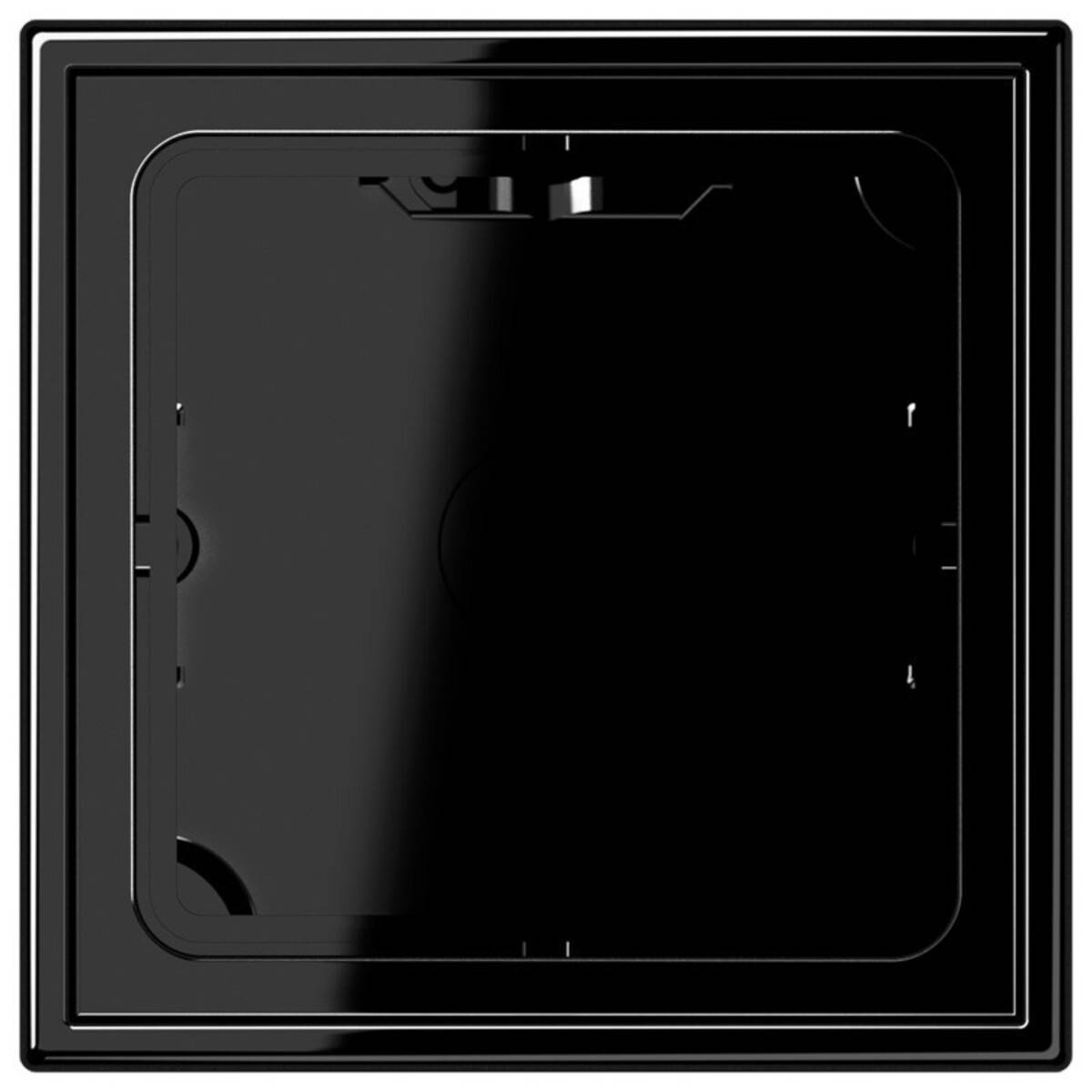 Schwarze quadratische Elektro-Wanddose oder Blende mit vertiefter mittlerer Öffnung, Vorderansicht auf einfachem Hintergrund dargestellt.