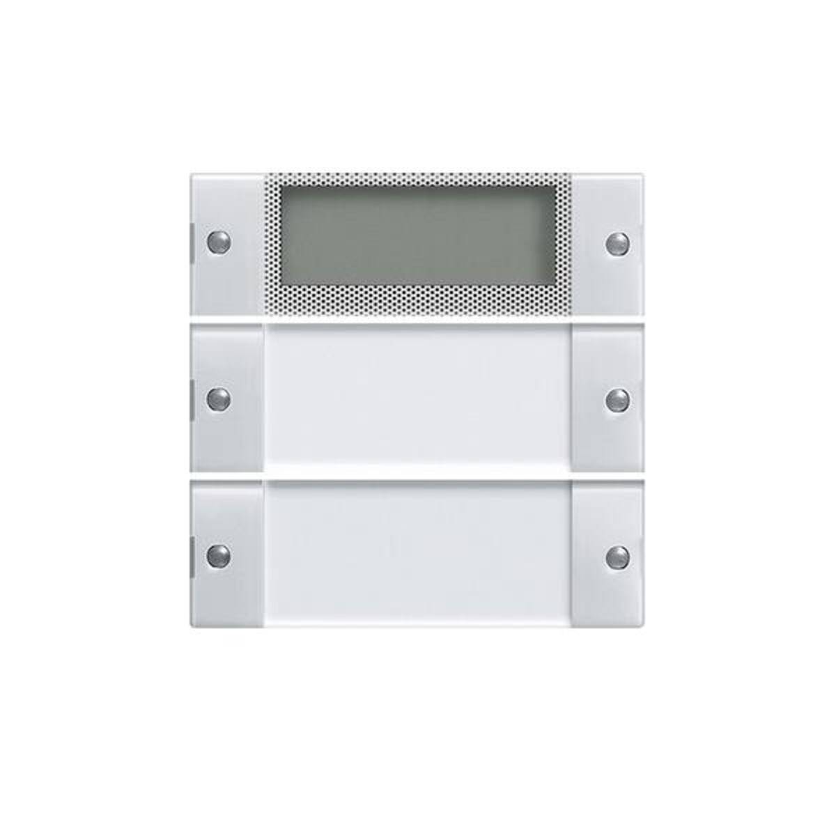 Dreiteiliges Silber-Metall-Wandbefestigungssystem mit perforiertem oberen Display- oder Lüftungspanel und sichtbaren Schraubenköpfen an jeder Seite.