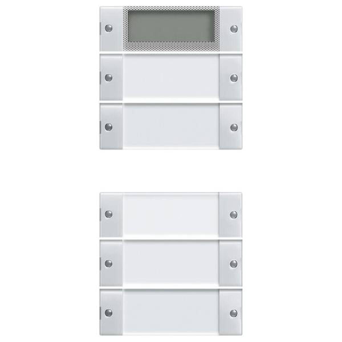 Zwei übereinander angebrachte silberne Wandsprechanlage-Module; das obere Modul hat ein kleines dunkles Display, ein Lautsprechergitter und Tasten, während das untere Modul drei leere Abschnitte aufweist.