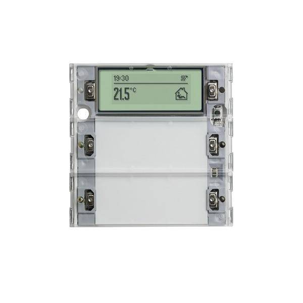 Digitales Thermostat-Display, das '19:30' anzeigt, mit einer Temperatur von '21,5°C' und einem Hausicon, das wahrscheinlich den Raumklima-Status signalisiert.