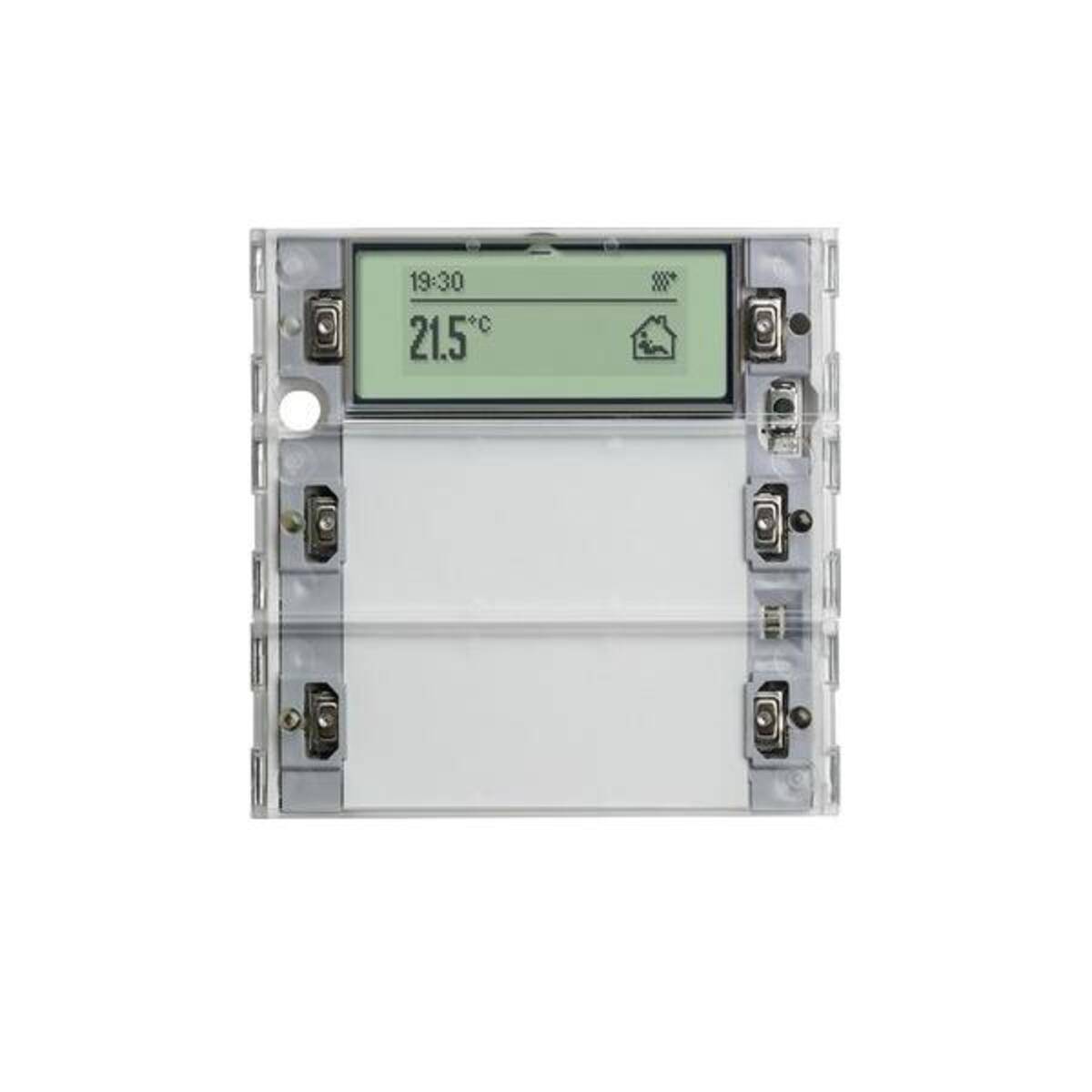 Digitales Wandthermostat in einem transparenten Kunststoffgehäuse, das auf seinem LCD-Display 21,5°C und ein Haussymbol anzeigt.