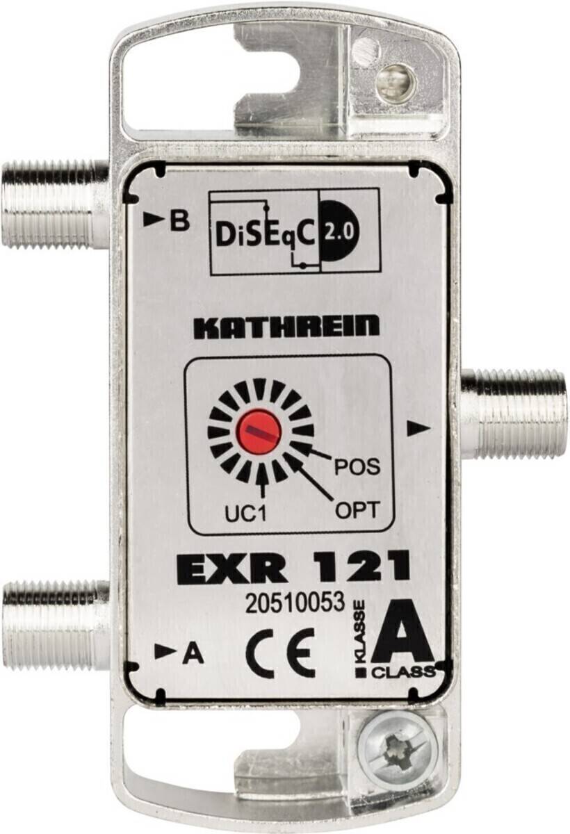 Metallschalter für Satelliten mit 'KATHREIN' Logo und 'DiSEqC 2.0'. Er verfügt über vier Koaxialstecker und ein zentrales Bedienungsdrehrad.