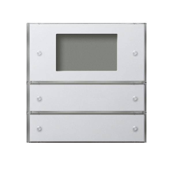 Weißer, wandmontierter Vitrinenschrank mit transparentem Fenster, konzipiert zum Präsentieren kleiner Gegenstände. Verfügt über drei Schubladen unterhalb des Fensters.