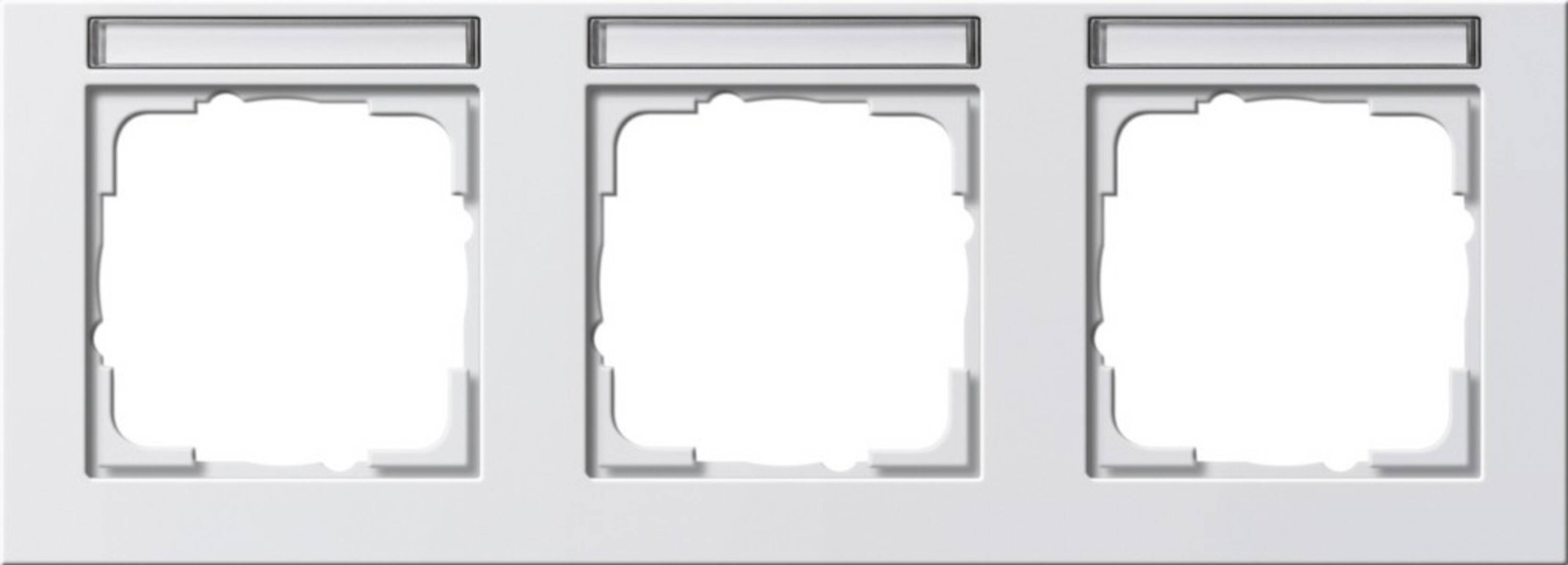 Drei leere, graugerahmte quadratische Platzhalter-Paneele, die horizontal auf hellem Hintergrund angeordnet sind.