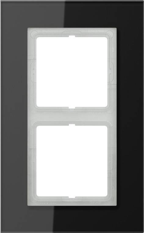 Ein schwarzer doppelter Elektrosteckdosenrahmen mit zwei rechteckigen Aussparungen für Steckdosen, konzipiert für die Wandmontage.