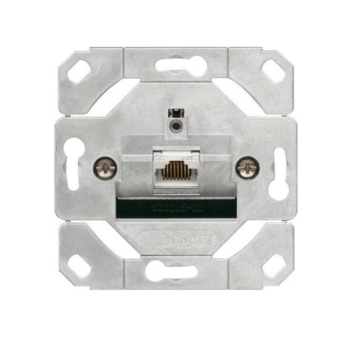 Eine an der Wand montierte Ethernet-/Netzwerk-Buchsenplatte mit einem einzelnen RJ45-Anschluss und metallischem Montagrahmen.