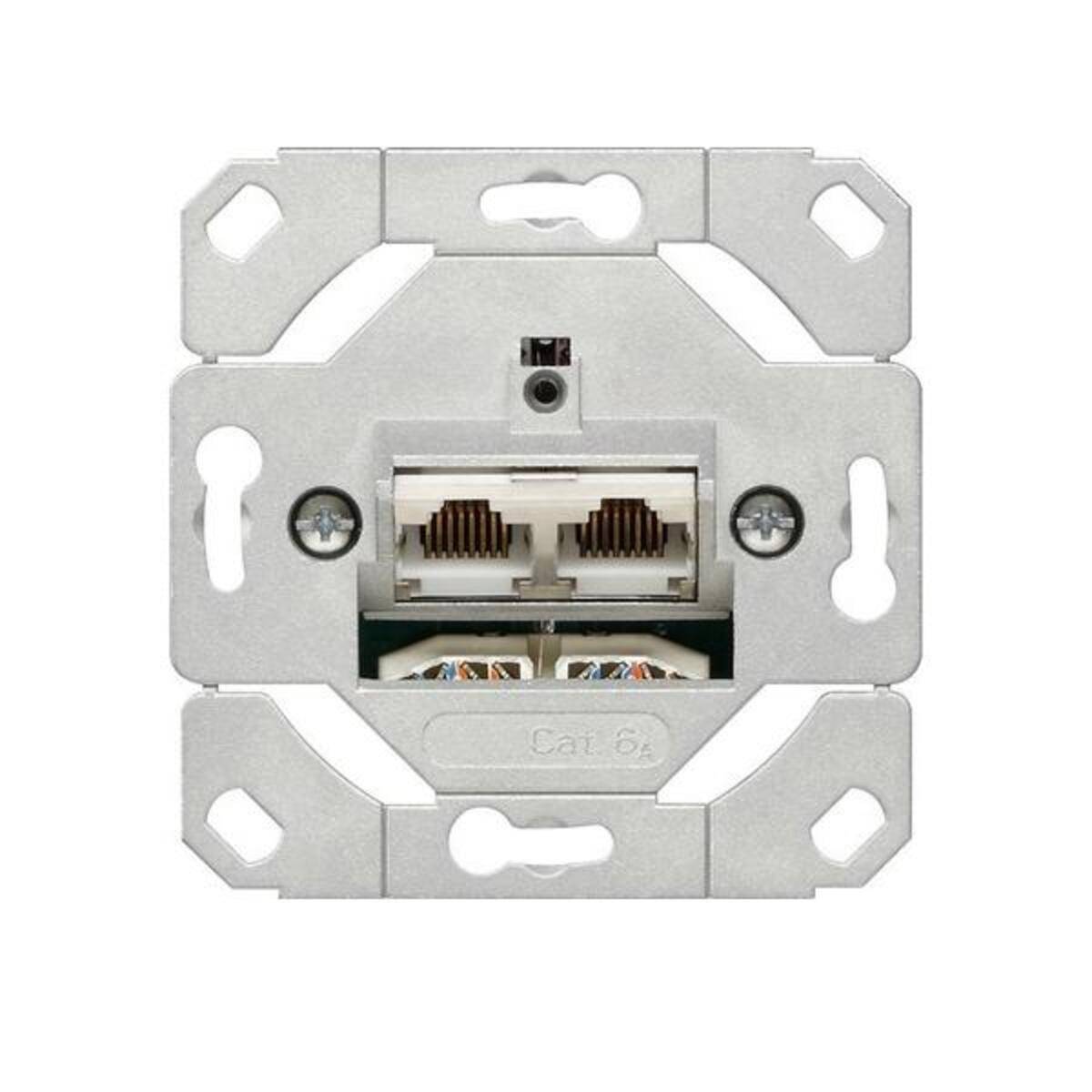 Wandmontierte Ethernet-Netzwerkdose mit zwei RJ45-Anschlüssen auf einer Metallmontageplatte