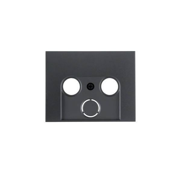 Ein schwarzes Panel mit zwei kreisförmigen weißen Anschlüssen in den oberen Ecken und einem größeren kreisförmigen Anschluss in der unteren Mitte.