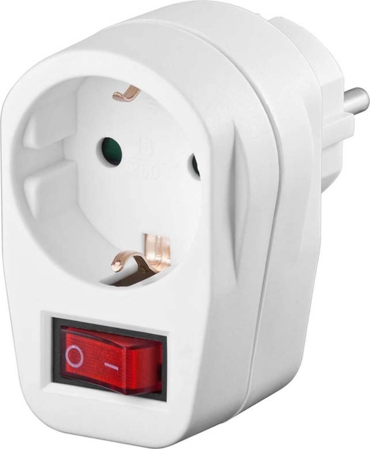 Weißer Stecker-Adapter mit europäischer Steckdose und rotem Ein-/Ausschalter