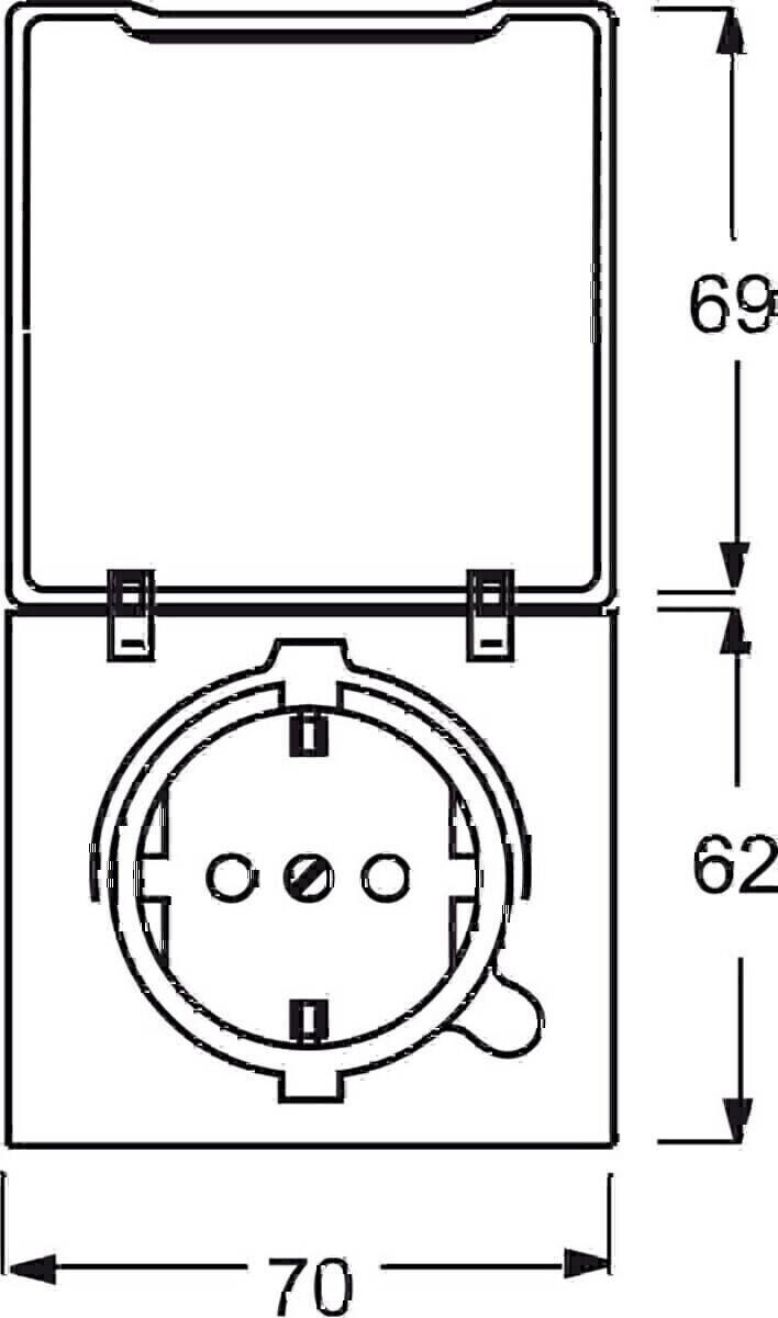 Technische Zeichnung einer runden elektrischen Steckdose mit klappbarem Deckel, geschlossenem Deckel und seitlichem Hebel. Abmessungen: Höhe 62 mm, Tiefe 69 mm.