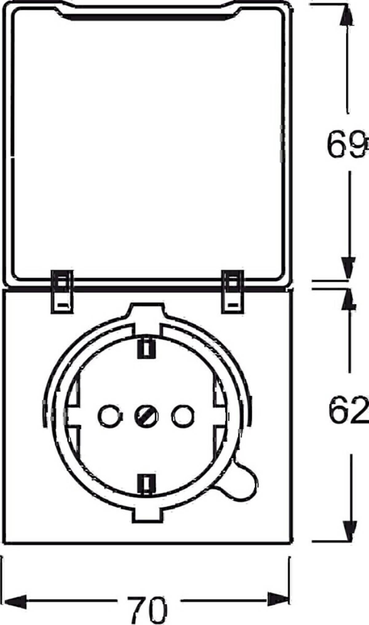 Technische Zeichnung einer Wandsteckdosenkasten mit klappbarem Deckel, Vorderansicht und Abmessungen 70 Breite, 69 obere Höhe und 62 untere Höhe.
