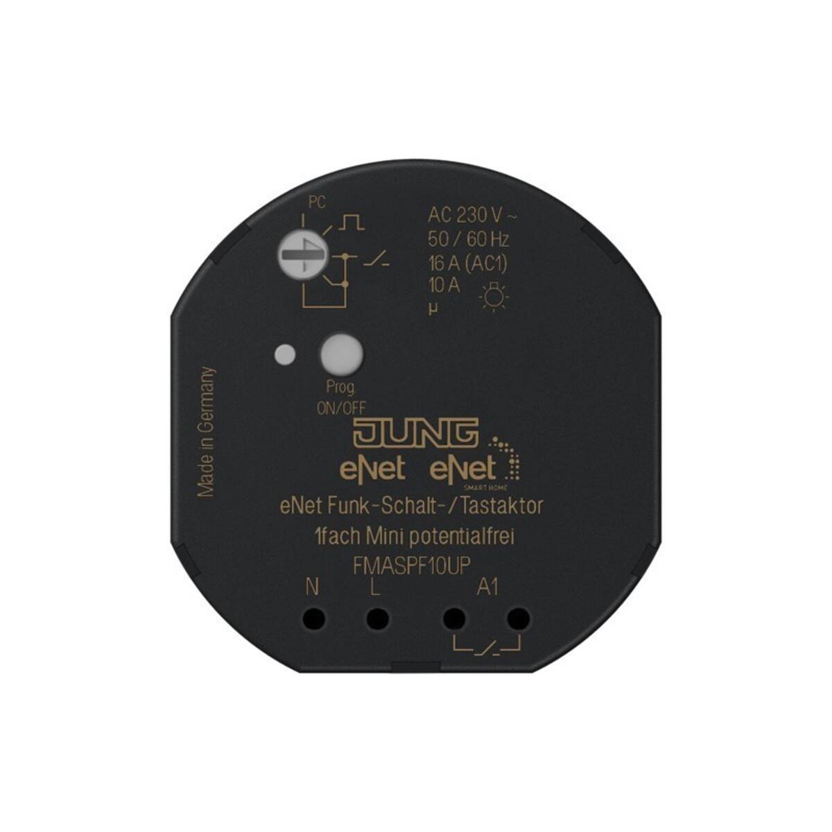 Schwarzes JUNG eNet kabelloses Schalt-/Stellgliedmodul mit beschrifteten Anschlüssen, Statusanzeige und Modellbezeichnung „FMASPF10UPE